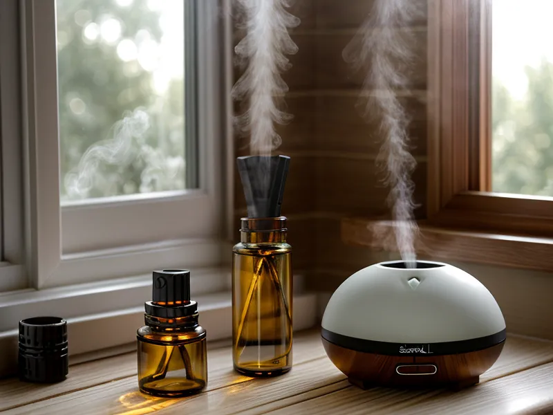 Main de débutante en aromathérapie tenant un flacon de Ravintsara, geste pratique au quotidien à la maison.