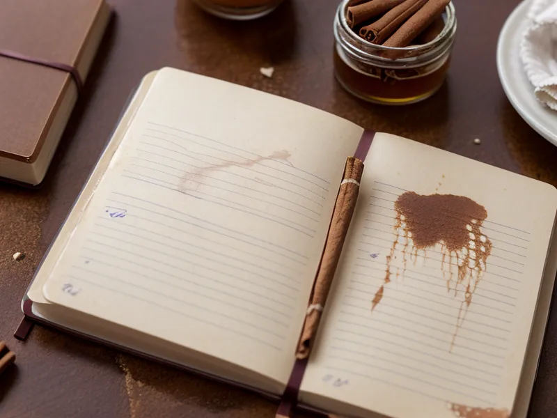 Carnet de notes taché par une huile essentielle de cannelle renversée, un rappel de sécurité pour mes mélanges maison