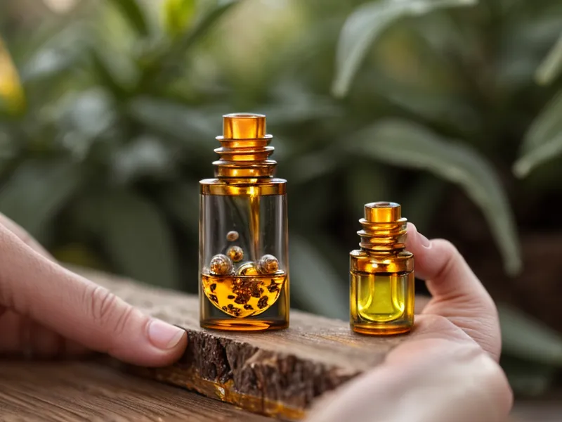 Mains comptant quelques gouttes d'huile essentielle dans un flacon, dosage prudent pour un mélange maison sans risques