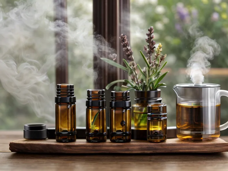 Gros plan d'une goutte d'huile essentielle tombant d'un flacon en verre ambré, un geste où la sécurité des huiles essentielles compte