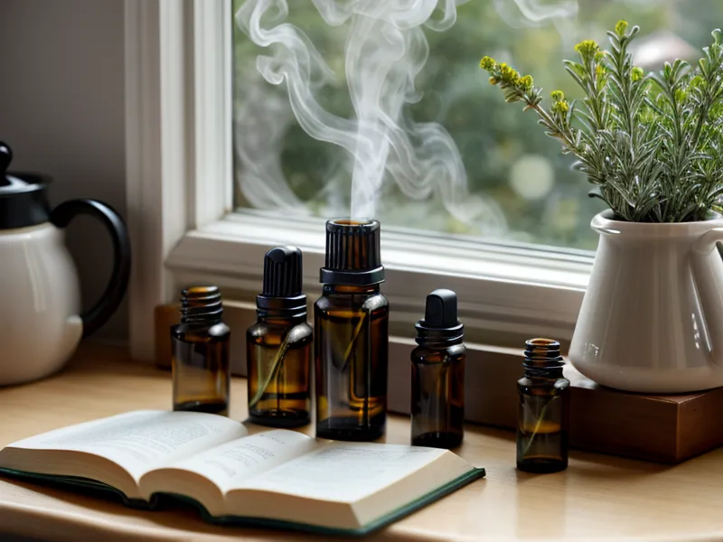 Mains tenant une pipette en verre au-dessus d'un flacon d'huile essentielle le soir, apprentissage de l'aromathérapie à la maison