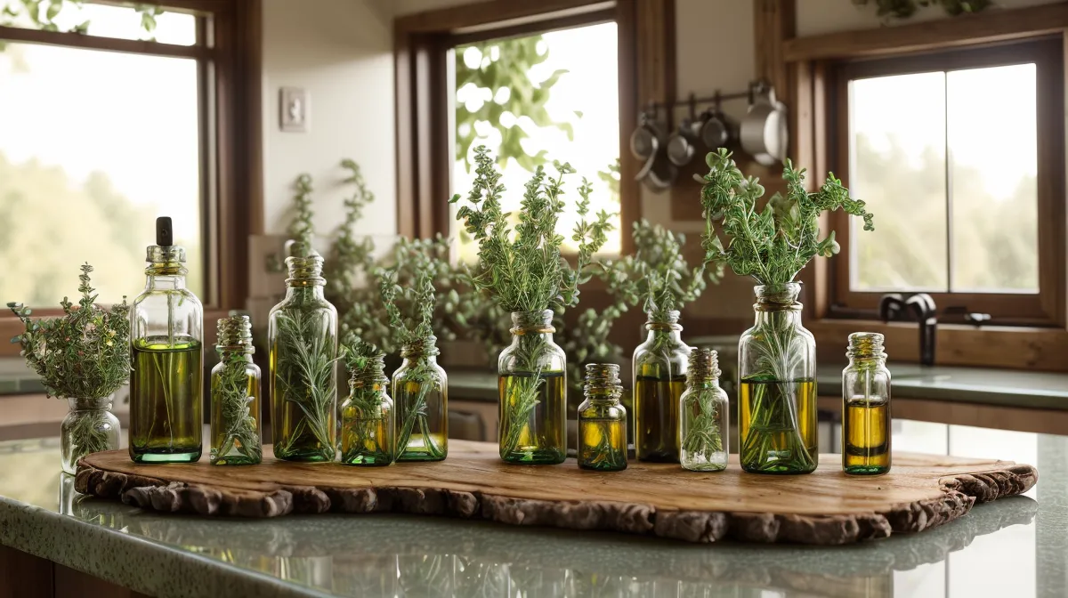 Étagère avec quelques flacons d'huiles essentielles pour débuter l'aromathérapie à la maison