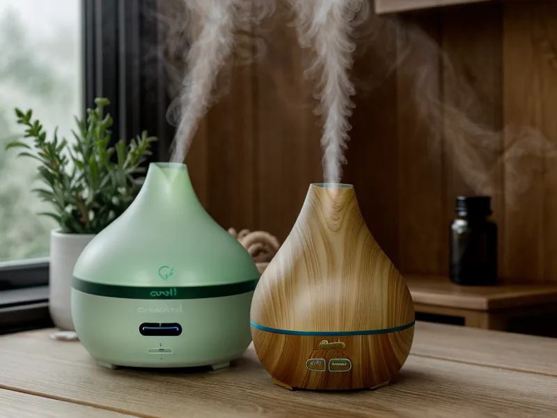 Diffuseur d'huiles essentielles en marche avec une légère brume, utile pour une routine simple à la maison