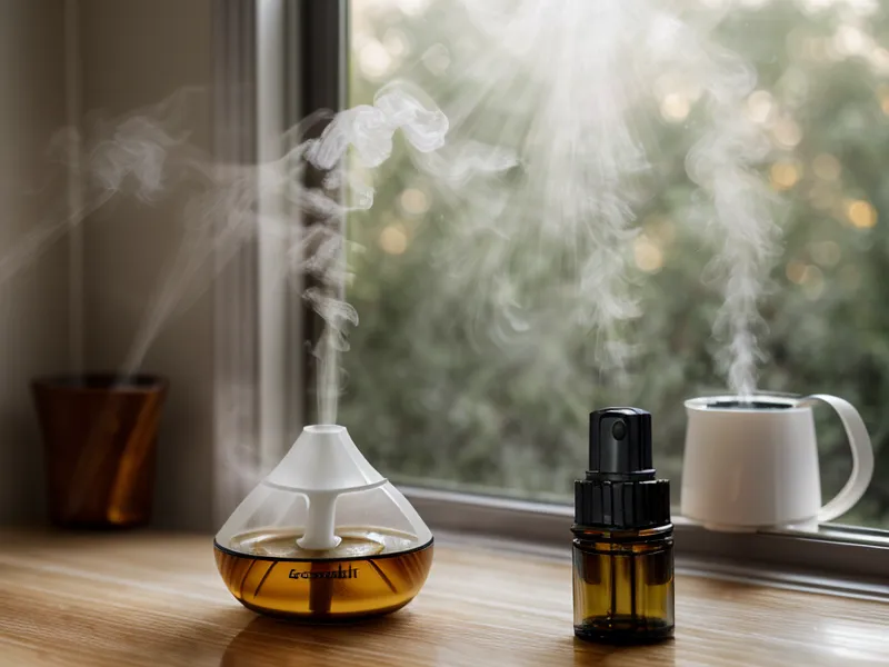 Main passant dans la brume fine d'un diffuseur ultrasonique le soir, dosage prudent en aromathérapie