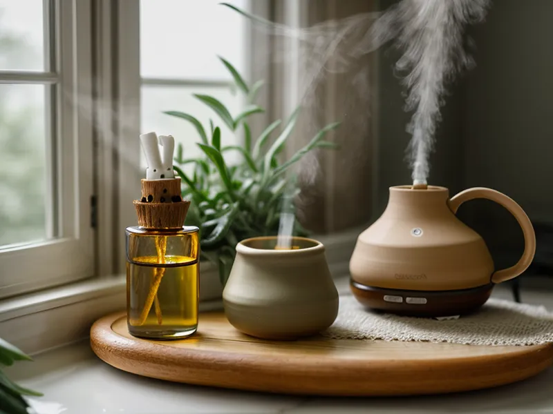Flacon d'huile essentielle de citron à côté de produits de ménage naturel, astuce anti-graisse pour l'entretien écologique de la maison