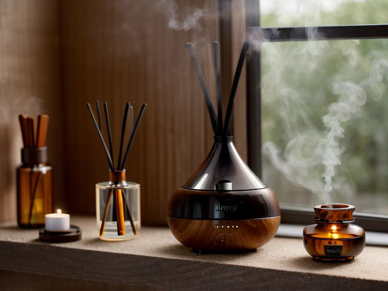 Diffuseur à froid qui libère une brume légère dans un salon chaleureux, pour un bien-être intérieur sans chauffer les huiles