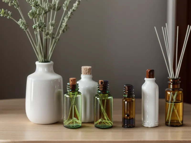 Flacons d'huiles essentielles rangés sur un plan de travail de cuisine, pour débuter l'aromathérapie et l'entretien de la maison