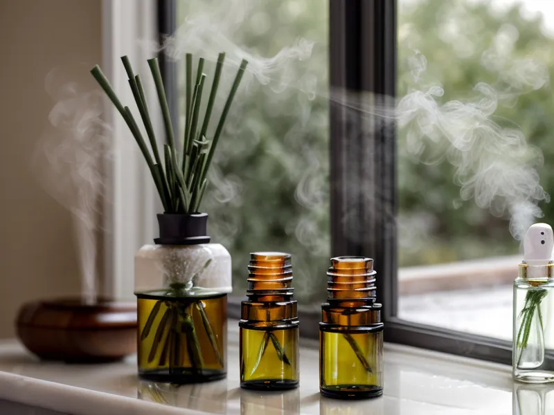 Main versant une goutte d'huile essentielle dans un bocal de bicarbonate de soude, astuce naturelle contre l'odeur de placard humide.