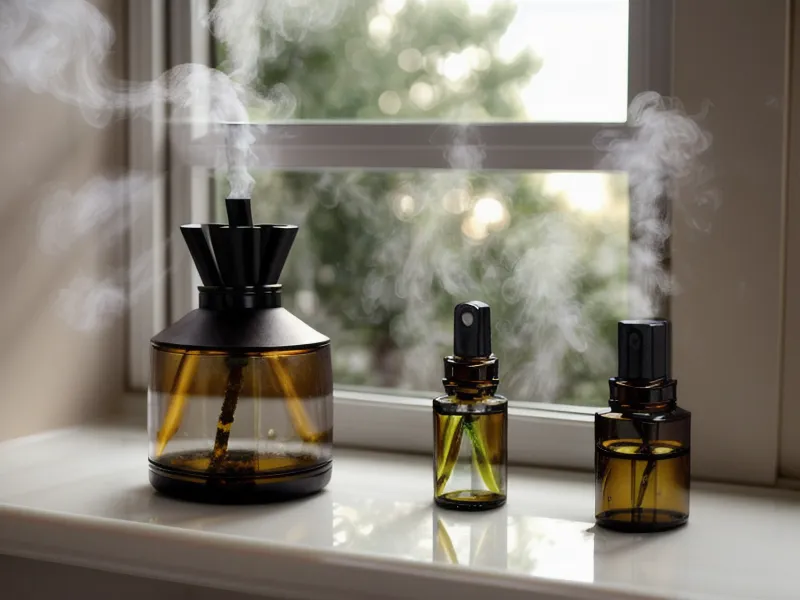 Adoucissant maison aux huiles essentielles pour un linge naturel, préparé dans une petite bouteille en verre
