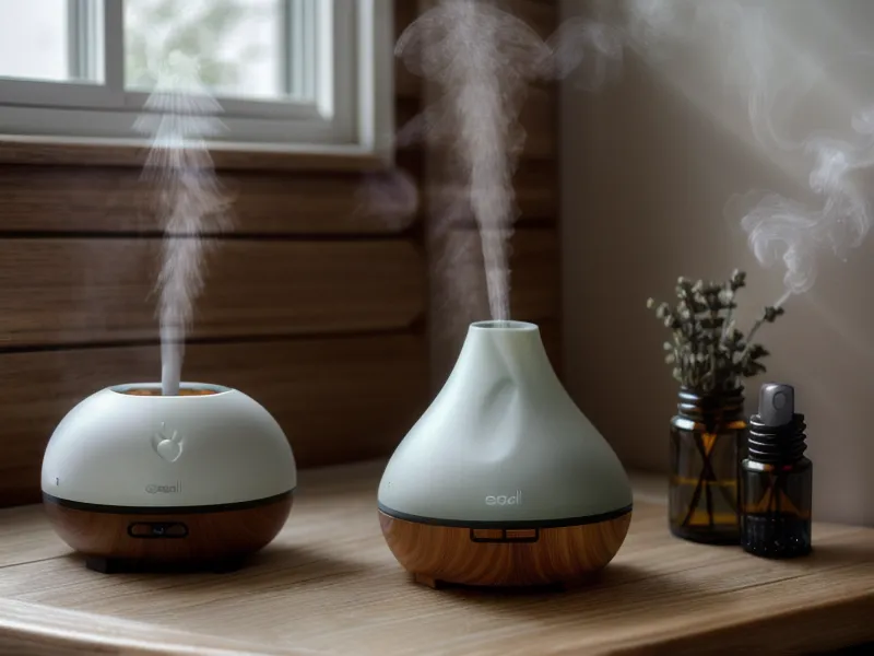 Main tenant un flacon de lavande vraie au-dessus d'un diffuseur, rituel du soir en aromathérapie maison