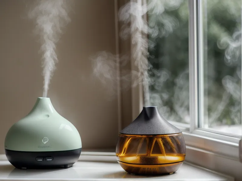Brume de diffusion de lavande vraie dans un salon, pour couper le stress après le travail en soirée