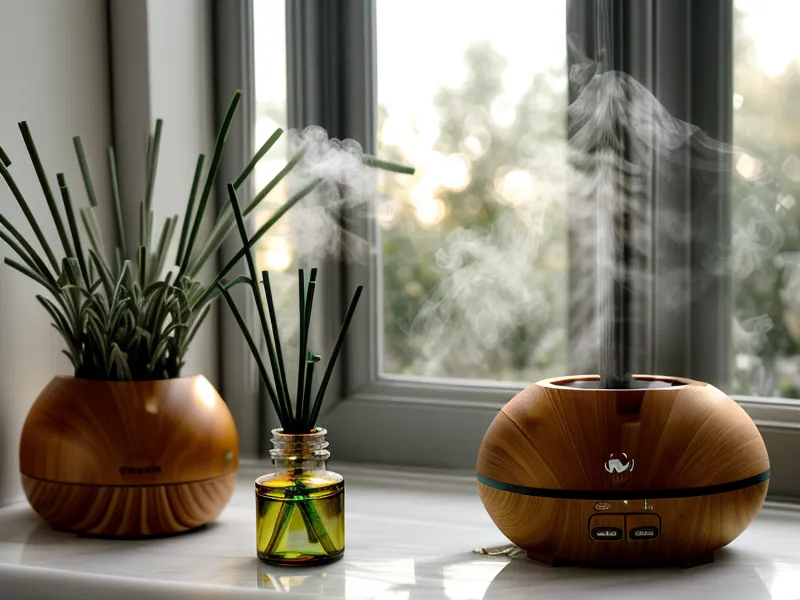 Chien endormi paisiblement loin d'un diffuseur placé en hauteur, aromathérapie prudente et bien-être canin