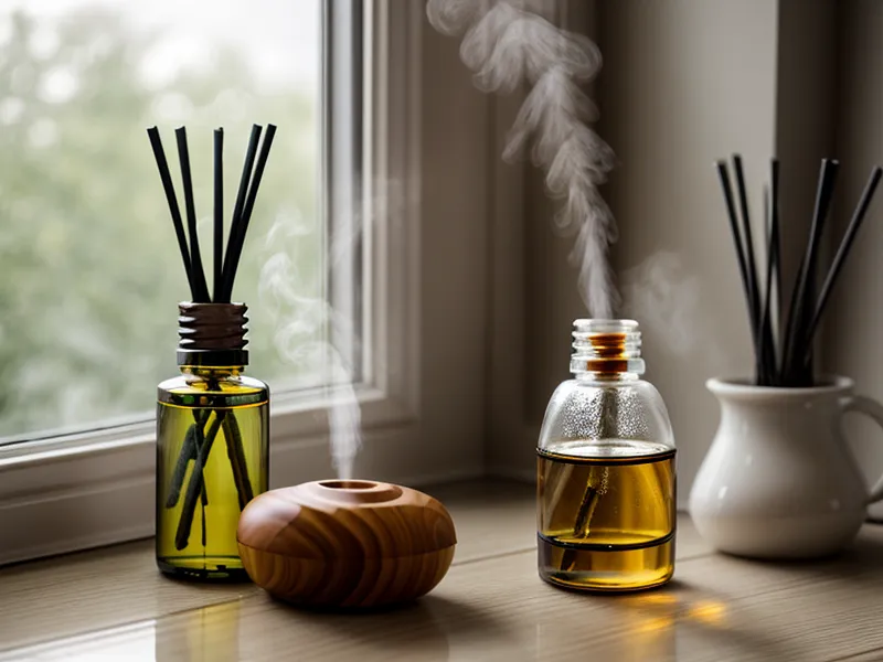 Diffuseur d'huiles essentielles allumé sur une table de terrasse en soirée, mélange anti-moustiques citronnelle et géranium rosat