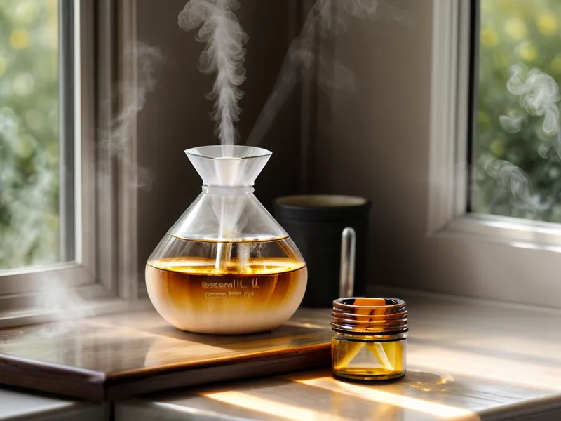 Mains appliquant avec précaution une goutte d'huile de massage diluée, à côté d'un flacon de Ravintsara, sur un tissu