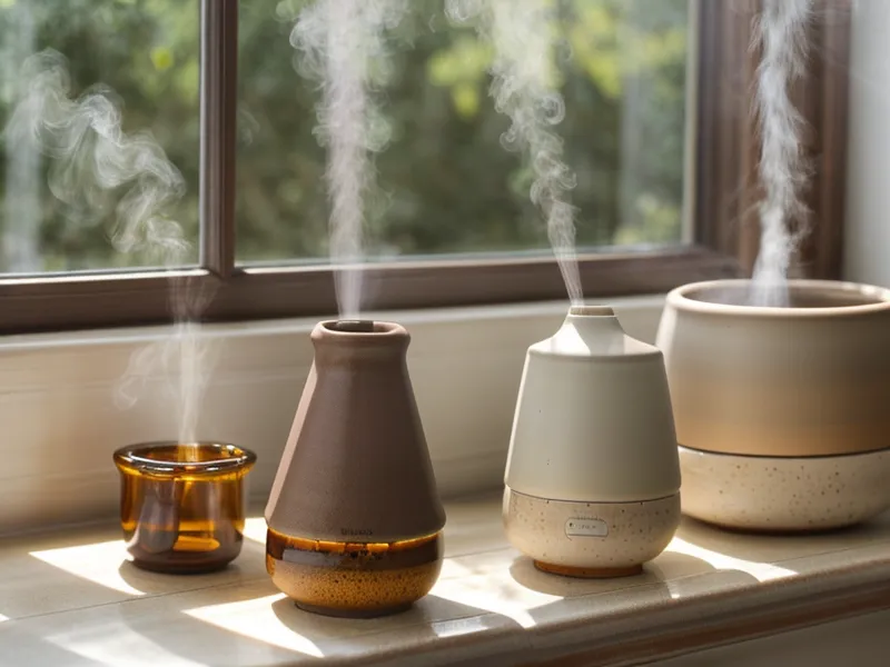 Flacon d'huile essentielle de menthe poivrée tenu en main, energie naturelle rapide contre un coup de fatigue l'après-midi