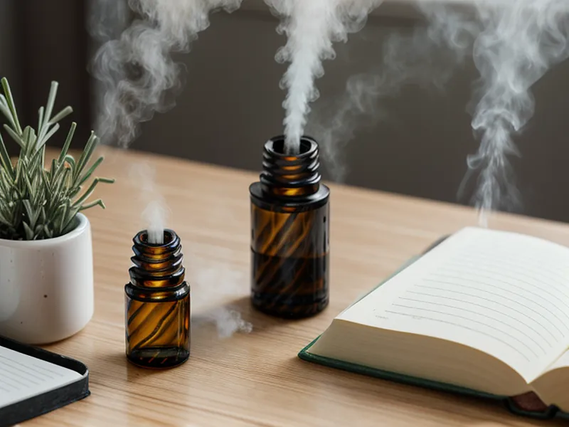 Huiles essentielles maison contre les maux de tête après une longue journée : flacon de menthe poivrée sur un plan de travail