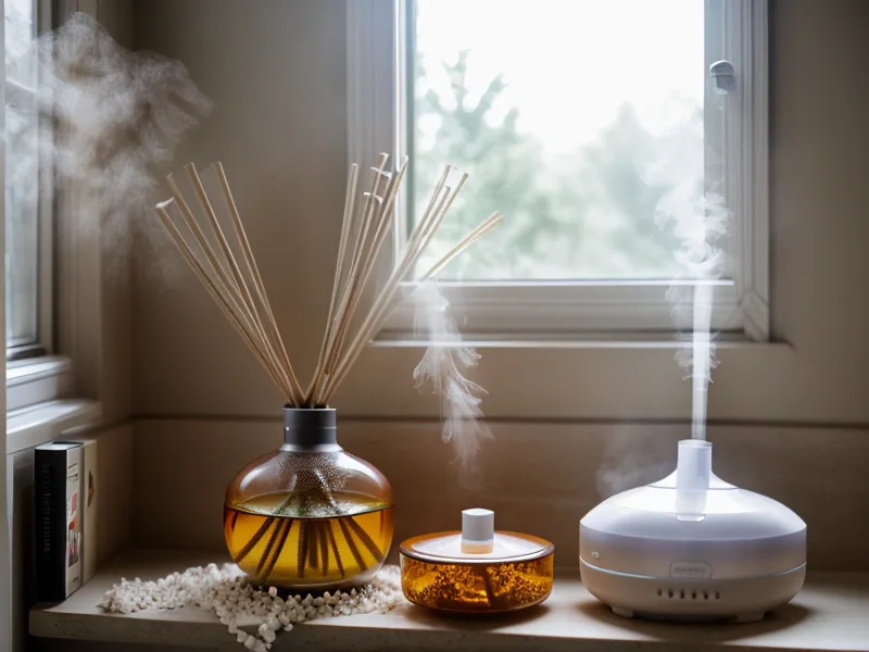 Flacon d'huile essentielle de tea tree sur une étagère de cuisine, geste de soin de peau naturel au quotidien