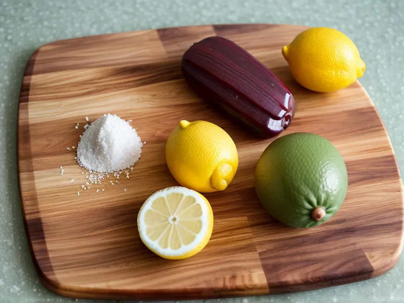 Mains frottant une planche à découper en bois avec du gros sel, astuce de nettoyage naturel