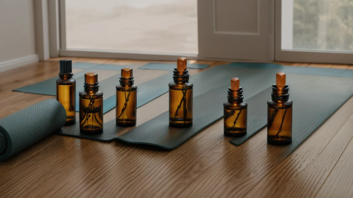 Nettoyer son tapis de yoga avec des huiles essentielles après le sport : tapis roulé sur un parquet clair, prêt pour une séance à la maison
