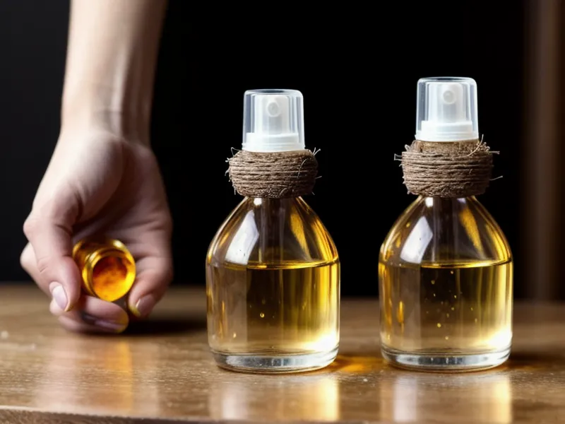 Nettoyage naturel du tapis de yoga : mains versant des gouttes de tea tree et de citron dans un petit flacon vaporisateur en verre de 100 ml