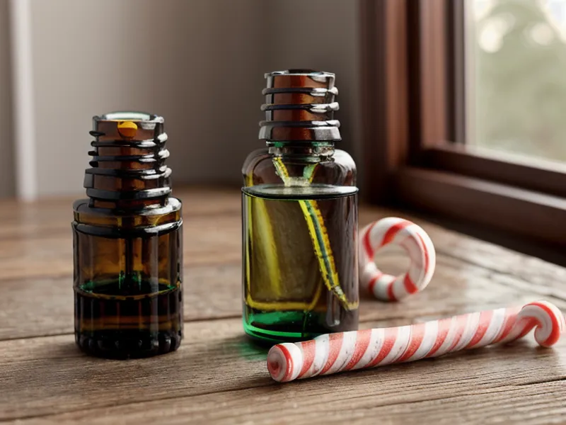 Huile essentielle de menthe poivrée pour tapis de yoga : flacon posé à côté d'un tapis roulé après une séance de sport intense