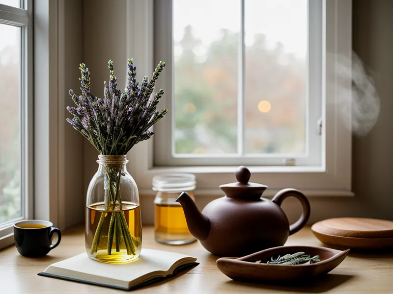 Guide des huiles essentielles ouvert sur un plan de travail de cuisine, repère pratique pour débutante en aromathérapie