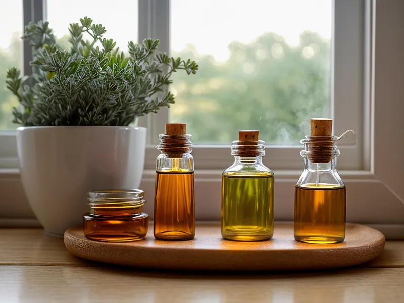 Préparation d'un roll-on aux huiles essentielles sur un plan de travail de cuisine, réflexe de sécurité à la maison avec de jeunes enfants