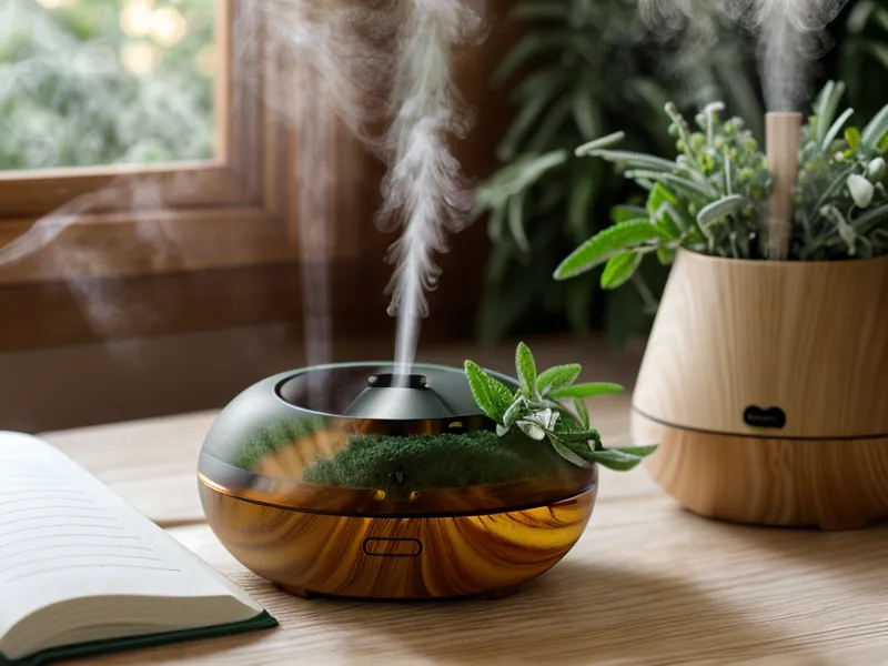 Diffuseur d'huiles essentielles en marche près d'une fenêtre, repère simple pour un bien-être naturel au quotidien