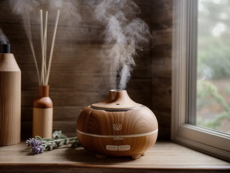Huile essentielle dans l'aspirateur pour un ménage naturel à la maison, flacon posé à côté de l'appareil