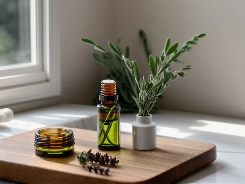 Flacon d'huile essentielle ambré refermé avec précaution, un geste clé de l'aromathérapie maison en sécurité