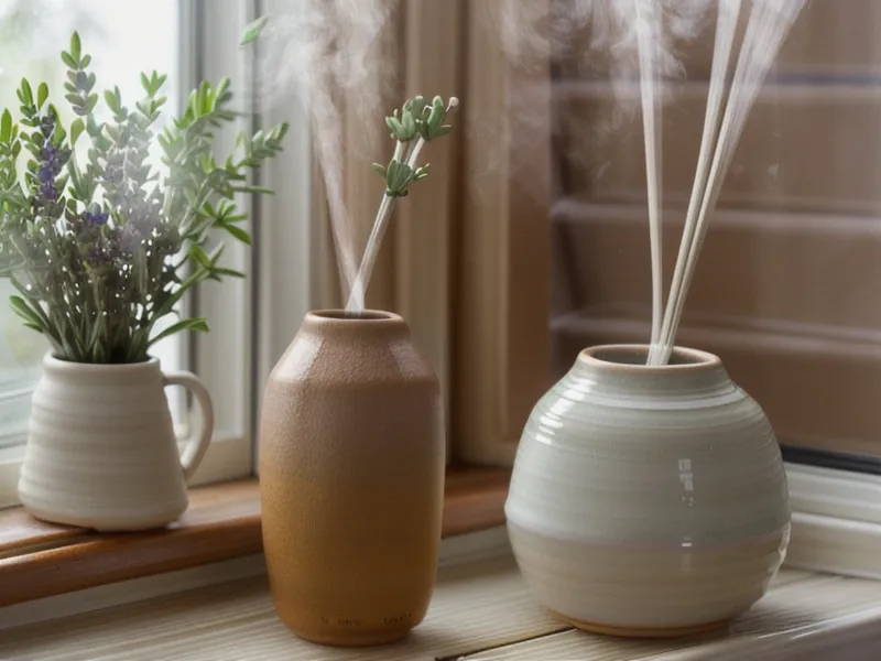 Flacon d'huile essentielle posé près d'un diffuseur en céramique pour un mélange du soir favorable au sommeil naturel