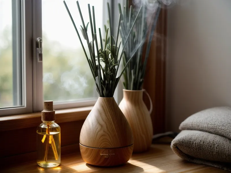 Guide des huiles essentielles ouvert à côté d'un brin de lavande séchée pour choisir une huile calmante avant le rituel du soir