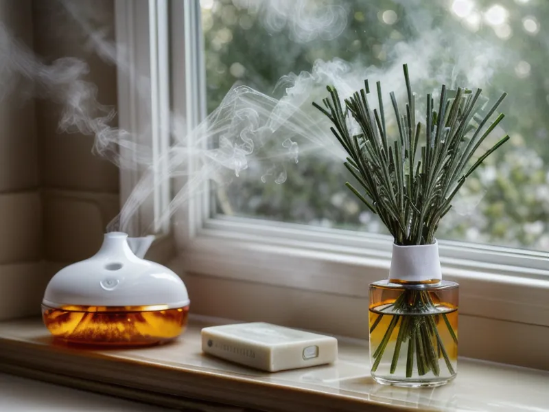 Flacon roll-on ambré sur une table de chevet, prêt pour un rituel du soir apaisant à la maison