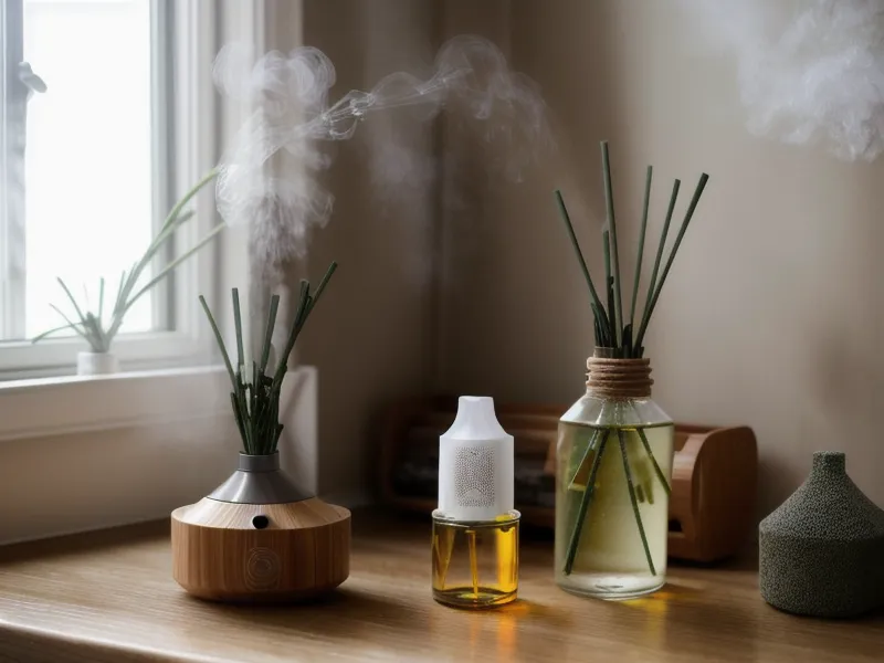 Diffuseur d'huiles essentielles allumé en hiver pour purifier l'air intérieur d'un salon