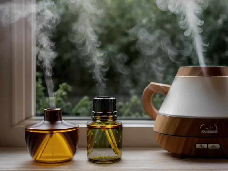 Flacons d'huiles essentielles de citron et de ravintsara pour purifier l'air intérieur en hiver, posés sur une étagère en bois
