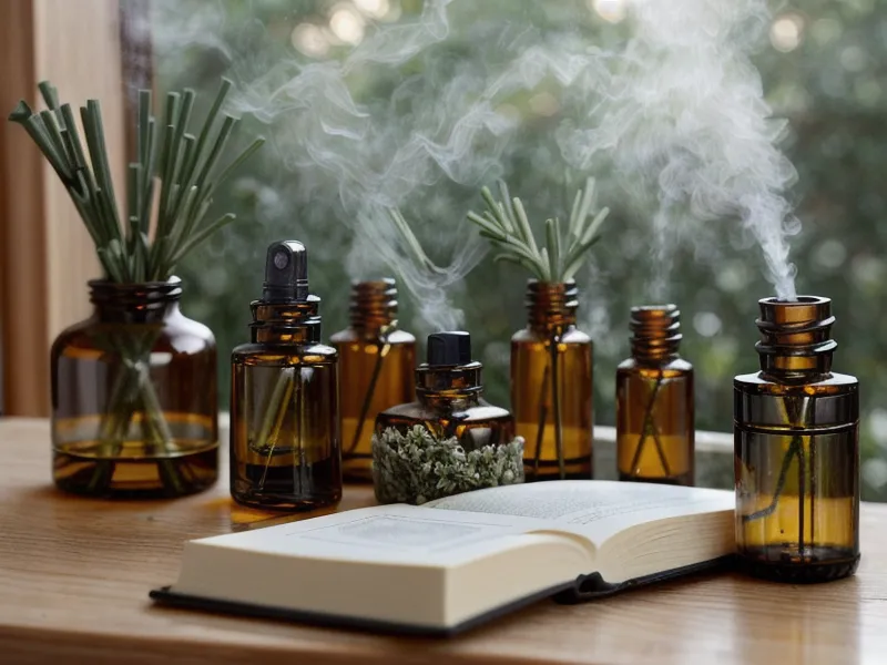 Un guide pratique sur les huiles essentielles posé sur une table en bois, repère pour débuter en aromathérapie