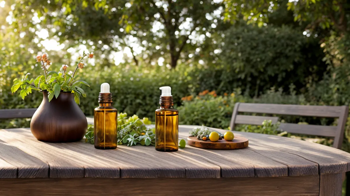 Jardinage naturel au printemps : pulvérisateur et huile essentielle de menthe poivrée prêts pour l'entretien des rosiers