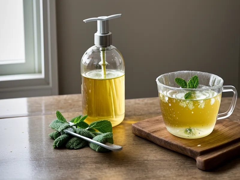 Savon noir versé dans l'eau pour disperser l'huile essentielle de menthe poivrée avant pulvérisation au jardin