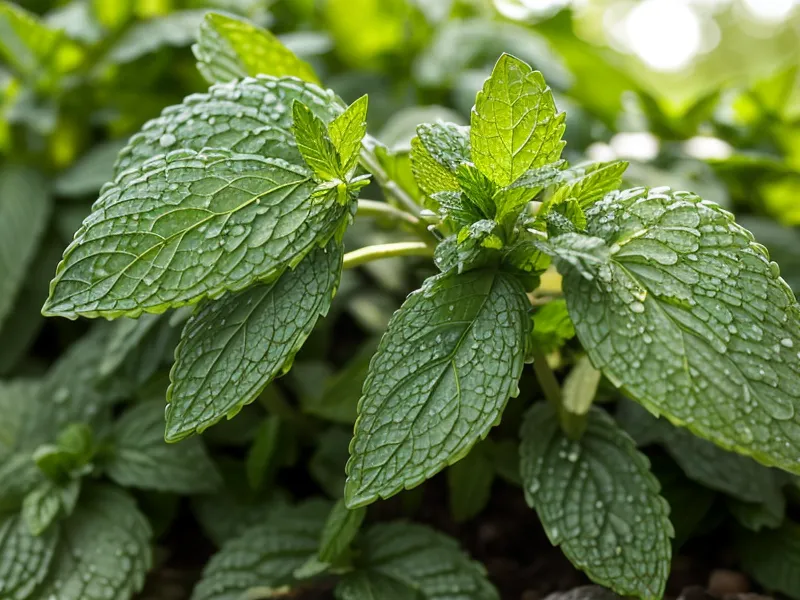 Feuilles de menthe poivrée couvertes de rosée, symbole de l'entretien naturel du jardin au printemps