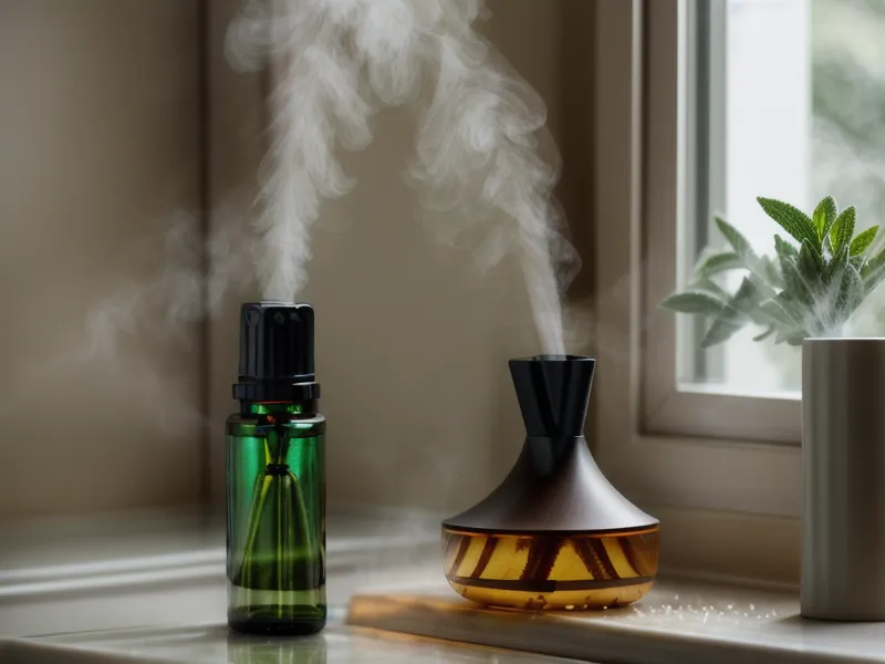 Flacon d'huile essentielle de citron posé près d'un lave-vaisselle ouvert, astuce d'entretien naturel pour une odeur fraîche au quotidien