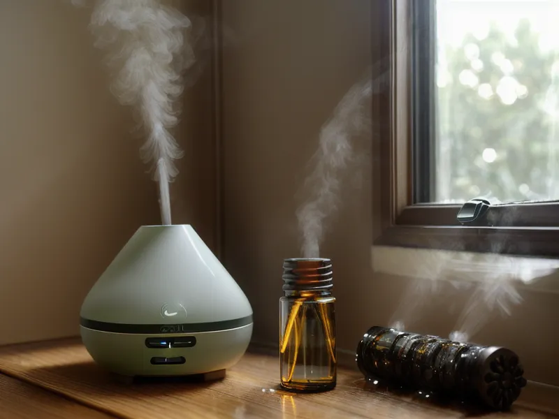 Goutte d'huile essentielle déposée sur un torchon propre posé sur le plan de travail de la cuisine